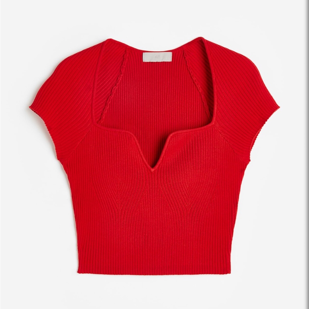 H&M Red Ribbed Notch-Neck Crop Top M